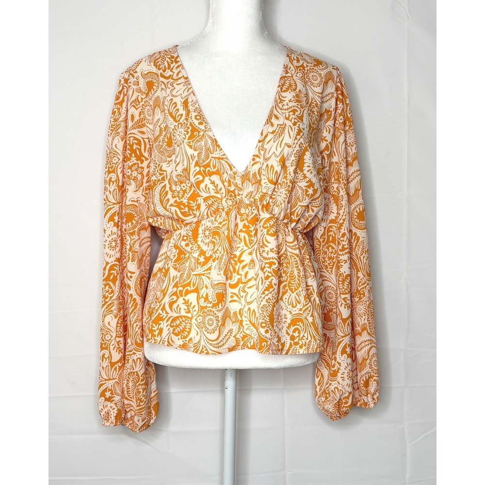 Dizzy Lizzy Blouse Paisley Peplum Balloon Sleeve Large Orange Womens Cottagecore